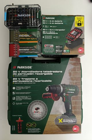 Taladro+Batería+Cargador+puntas+brocas