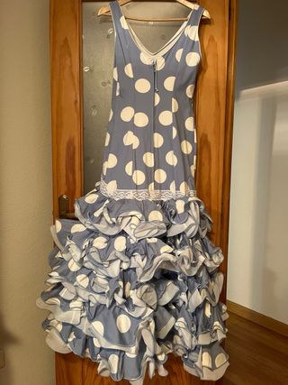 Traje Sevillana Azul Bebé Lunar Blanco