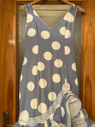 Traje Sevillana Azul Bebé Lunar Blanco