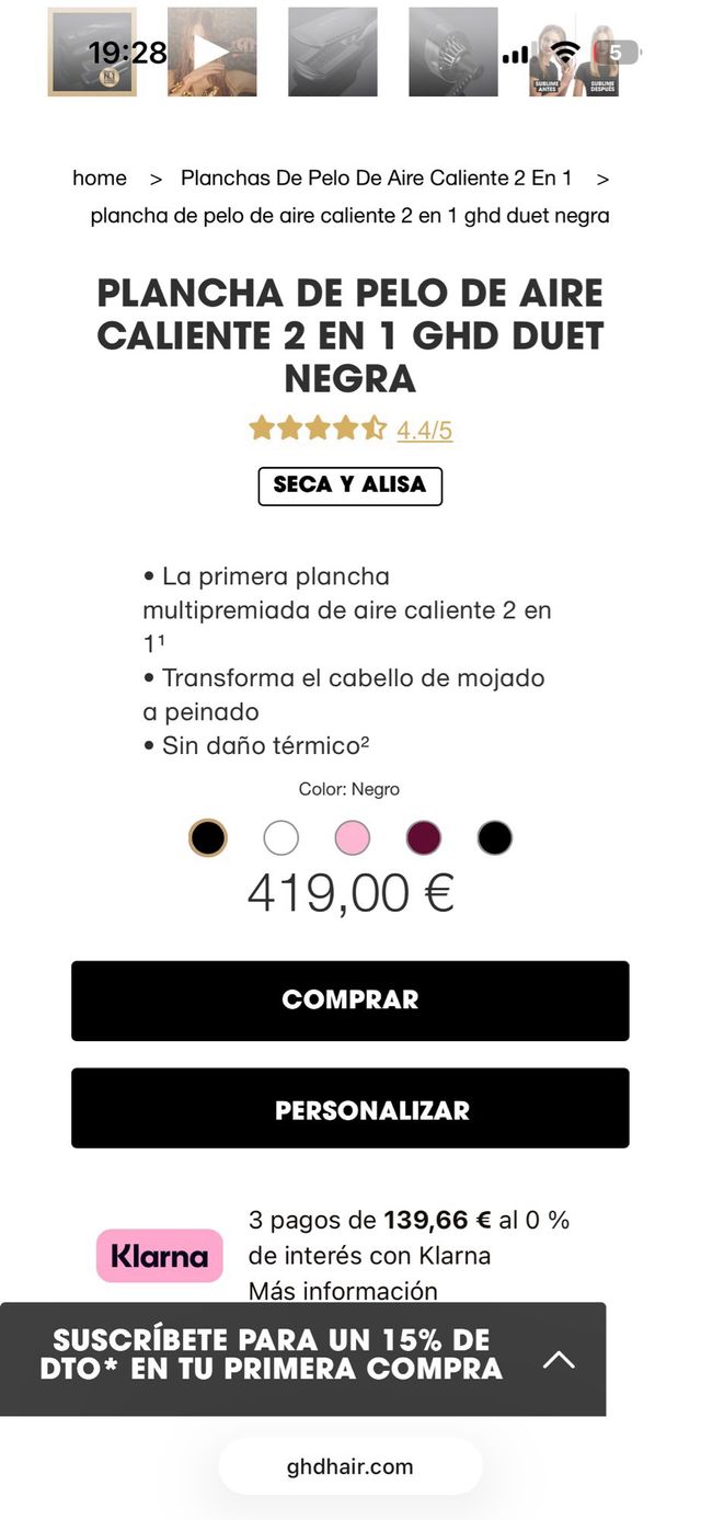 Plancha de pelo ghd negra