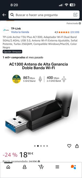 Adaptador Wi-Fi TP-Link Archer T3U Plus AC1300