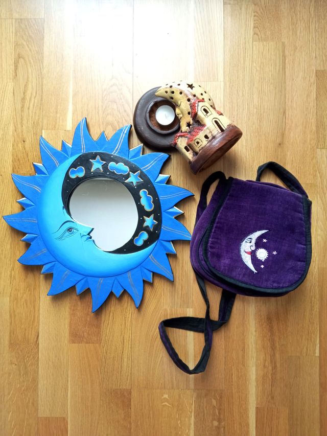 Lote decorativo Luna: espejo, bolso, 2 portavelas