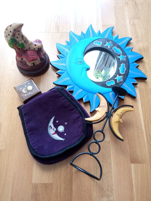 Lote decorativo Luna: espejo, bolso, 2 portavelas