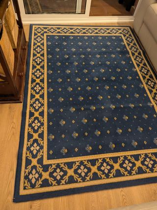 Alfombra de lana vintage azul y dorada