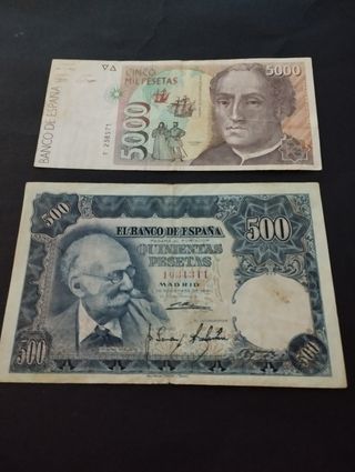 Billetes antiguos españoles 5000 y 500 pesetas