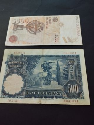 Billetes antiguos españoles 5000 y 500 pesetas