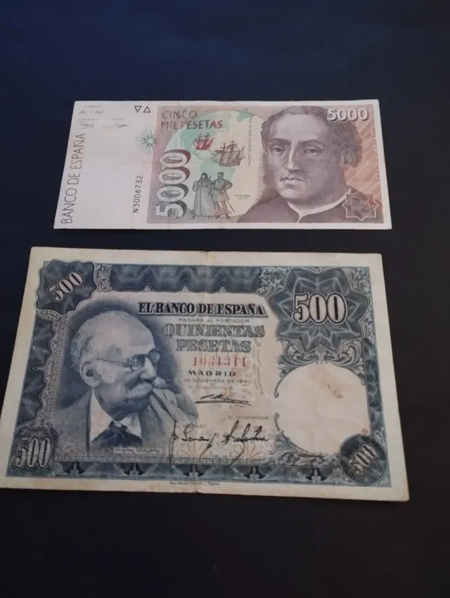 Billetes antiguos españoles 5000 y 500 pesetas