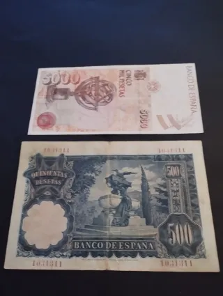 Billetes antiguos españoles 5000 y 500 pesetas
