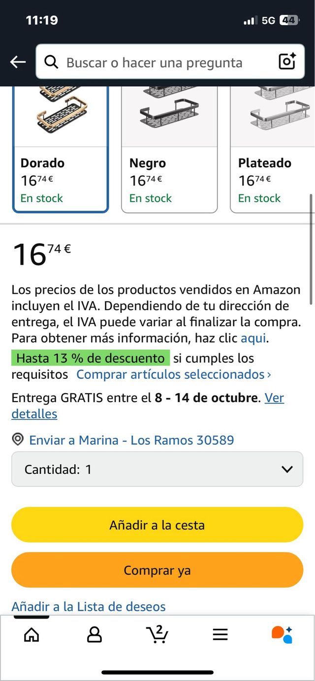 Estante Ducha Dorado Metal. Ref. 81