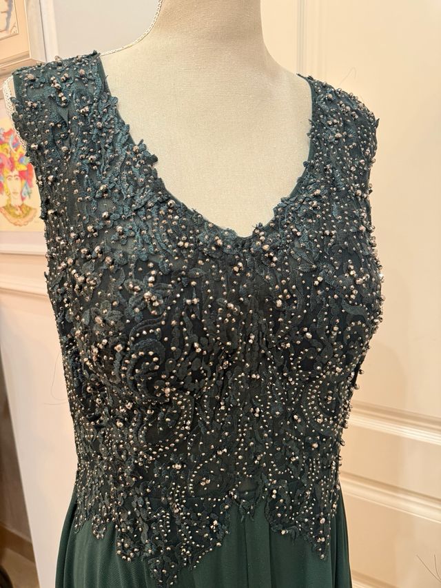 Vestido Fiesta Pedrería Gasa Negro/Verde