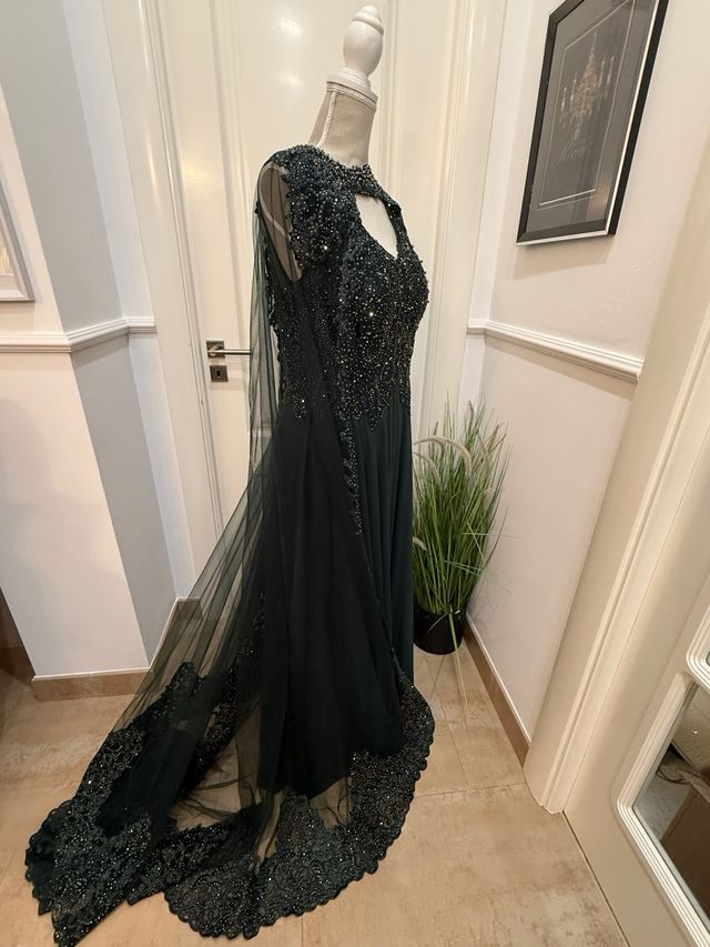 Vestido Fiesta Pedrería Gasa Negro/Verde