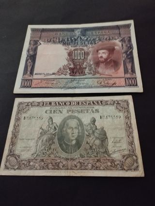 Billetes españoles antiguos 1000 y 100 pesetas