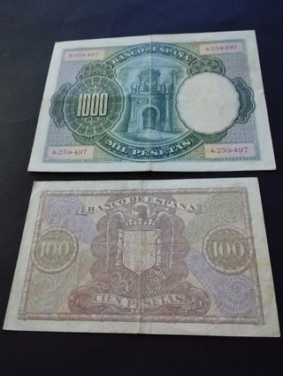 Billetes españoles antiguos 1000 y 100 pesetas