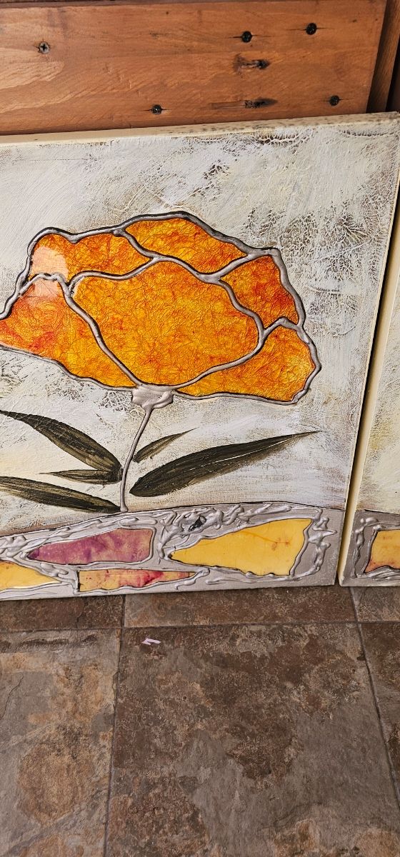 Juego 3 cuadros flores naranja y amarillo