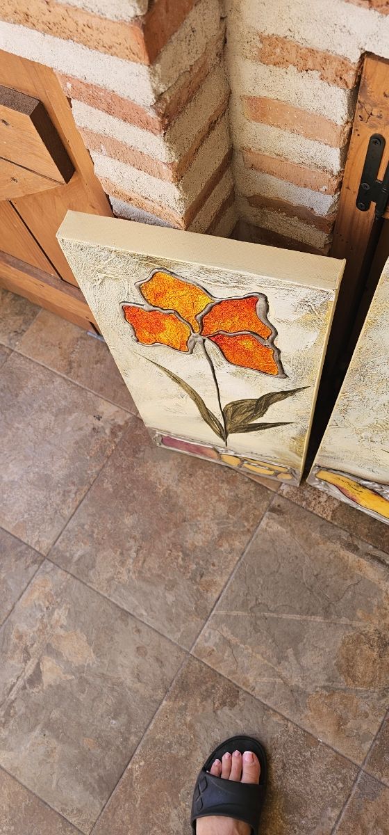 Juego 3 cuadros flores naranja y amarillo