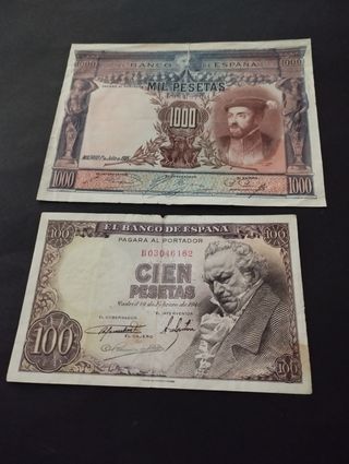 Billetes antiguos españoles 1000 y 100 pesetas