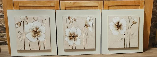 Juego 3 cuadros flores beige y marrón