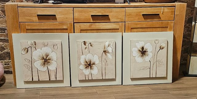 Juego 3 cuadros flores beige y marrón