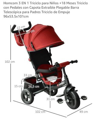 Triciclo 3 en 1 Homcom Rojo