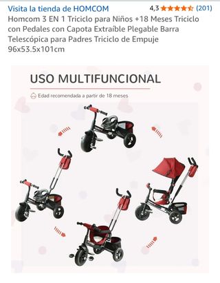 Triciclo 3 en 1 Homcom Rojo