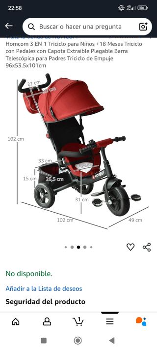 Triciclo 3 en 1 Homcom Rojo