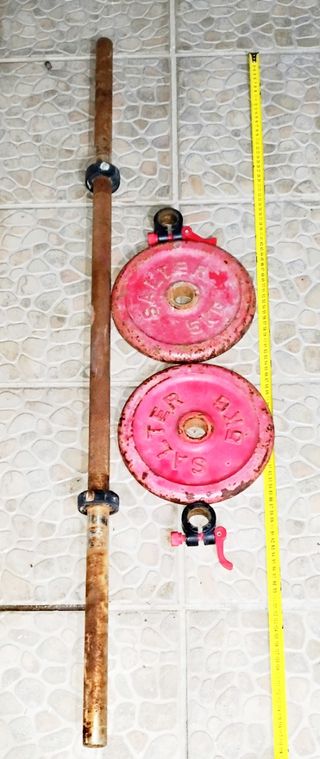 Barra pesas de 120 cm y 2 discos de 5 Kg y cierres