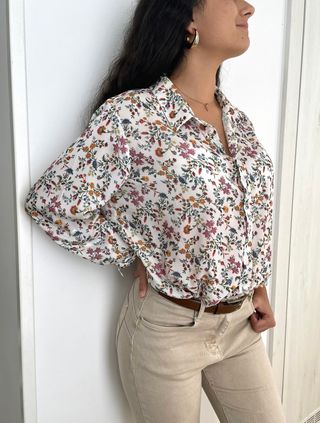White Oversize Blouse with Floral Pattern 44 (2XL)