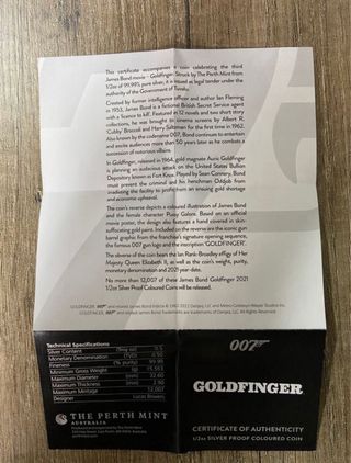 James Bond Goldfinger 1/2 Onza Plata/PROOF