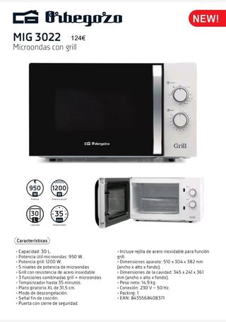 Microondas Orbegozo MIG 3022 con Grill 30 litros