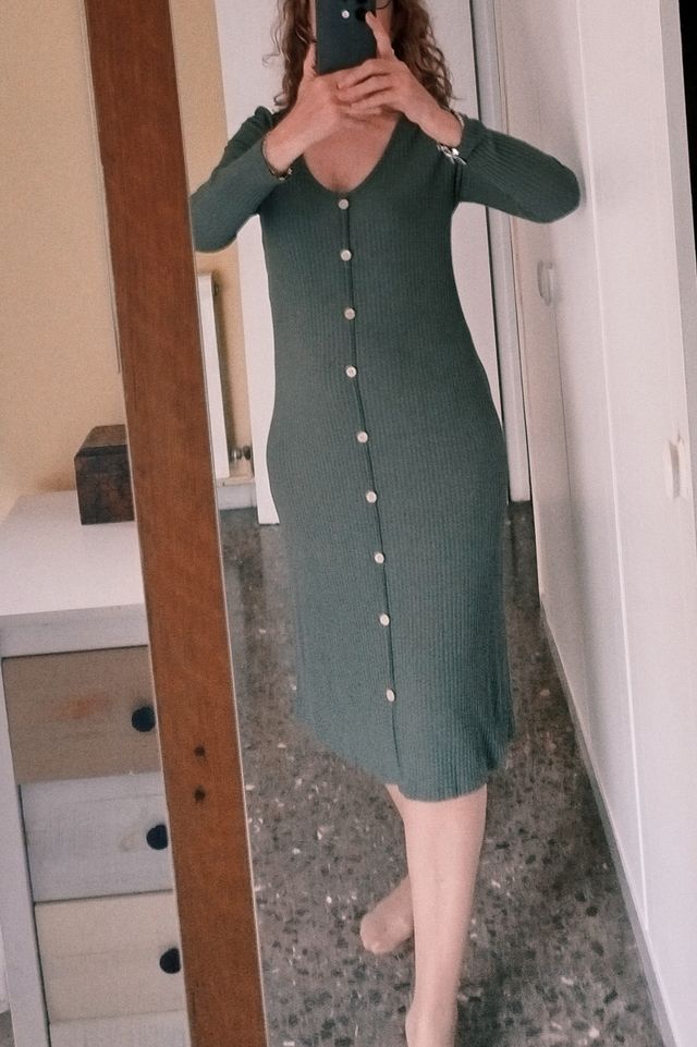 Vestido punto canalé midi verde T-M