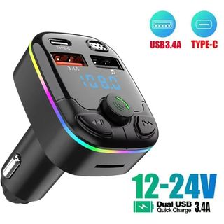 Cargador Coche BT MP3 Modelo-C9 transmisor FM Bluetooth 5,0 PD tipo C reproductor ambiental USB Dual manos libres MP3 cargador tipo C luz inalámbrica