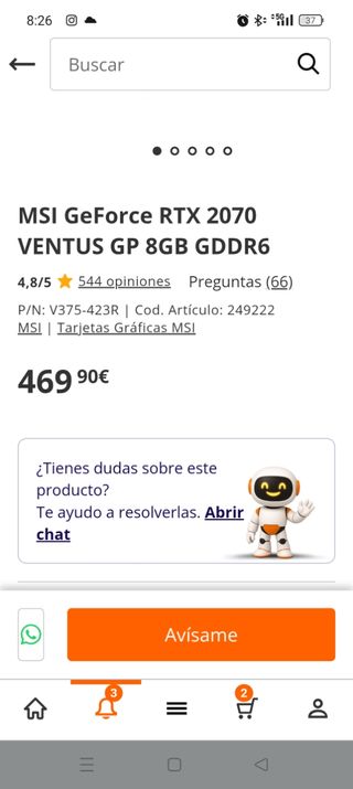 Tarjeta Gráfica MSI RTX 2070 Ventus GP