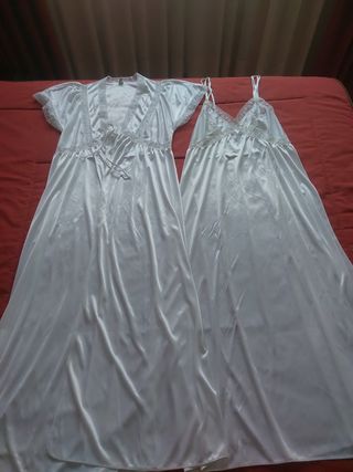 Conjunto bata y camisón satén blanco