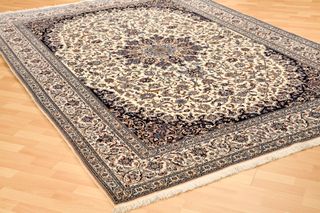 Tappeto persiano in seta e lana beige/blu