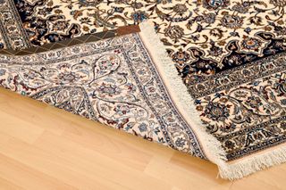 Tappeto persiano in seta e lana beige/blu