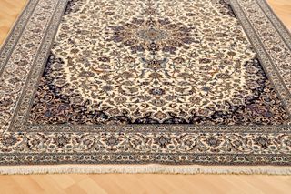 Tappeto persiano in seta e lana beige/blu