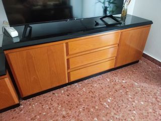 Mueble TV 4 módulos y vitrina madera