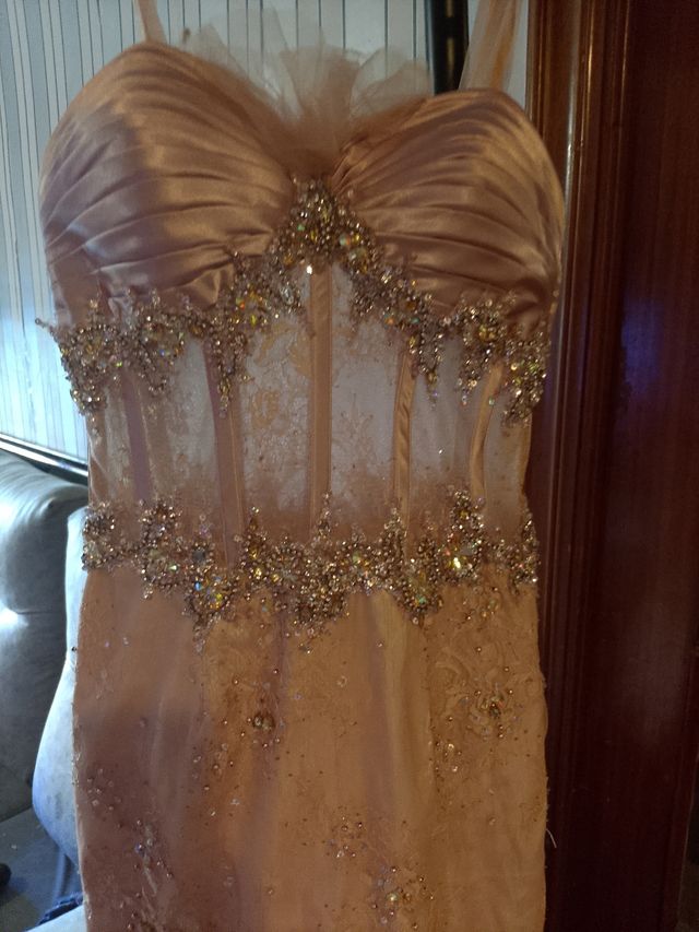 Vestido fiesta pedrería y plumas oca color rosita