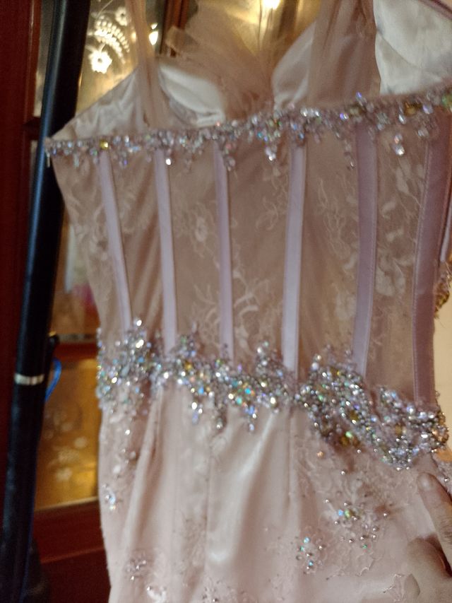 Vestido fiesta pedrería y plumas oca color rosita