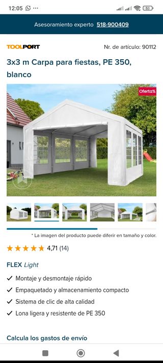 Carpa para fiestas TOOLPORT 3x3m blanca