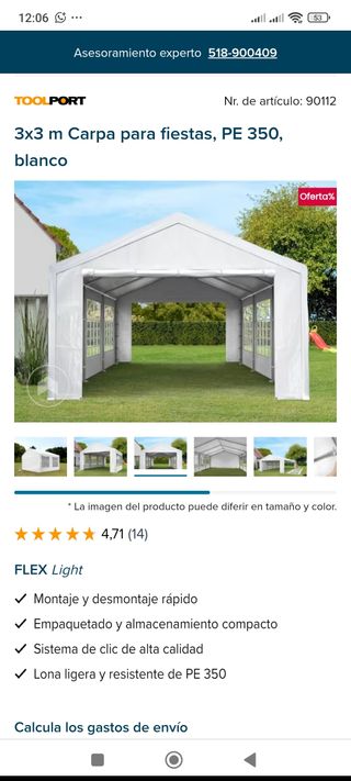 Carpa para fiestas TOOLPORT 3x3m blanca