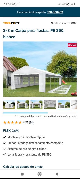 Carpa para fiestas TOOLPORT 3x3m blanca
