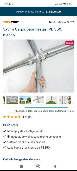 Carpa para fiestas TOOLPORT 3x3m blanca
