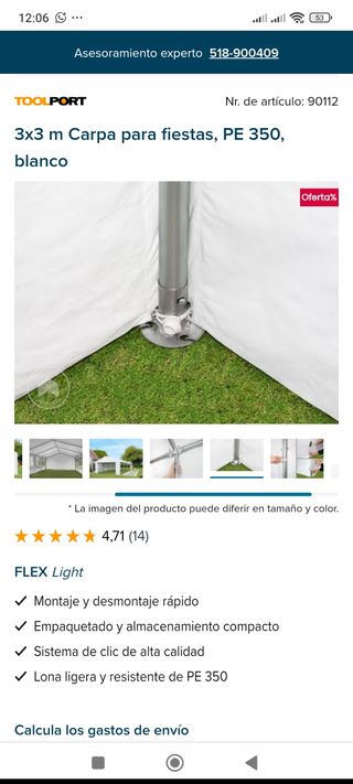Carpa para fiestas TOOLPORT 3x3m blanca