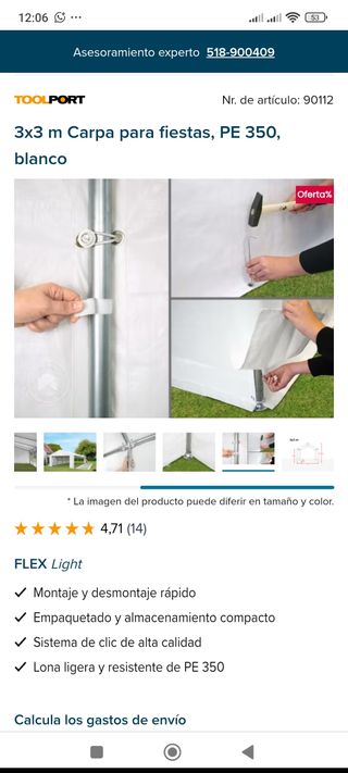 Carpa para fiestas TOOLPORT 3x3m blanca