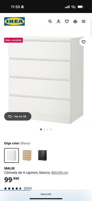 Cómoda MALM 4 cajones Ikea blanca