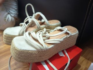 Sandalias cuña esparto beige/blanco