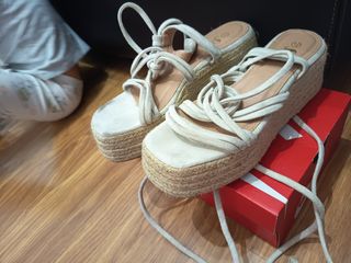 Sandalias cuña esparto beige/blanco