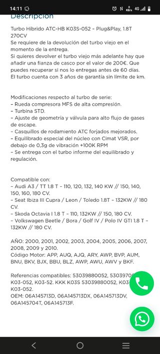 Turbo K03S Híbrido ATC (max 270cv)