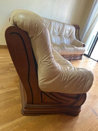 Sofá 3+2 Madera Maciza y Piel